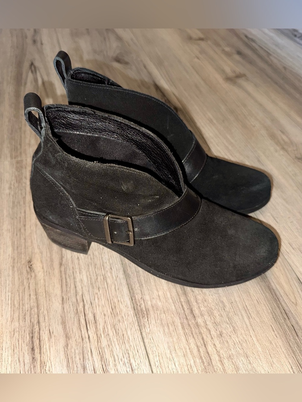 UGG Black Suede Ankle Booties with Buckle Strap